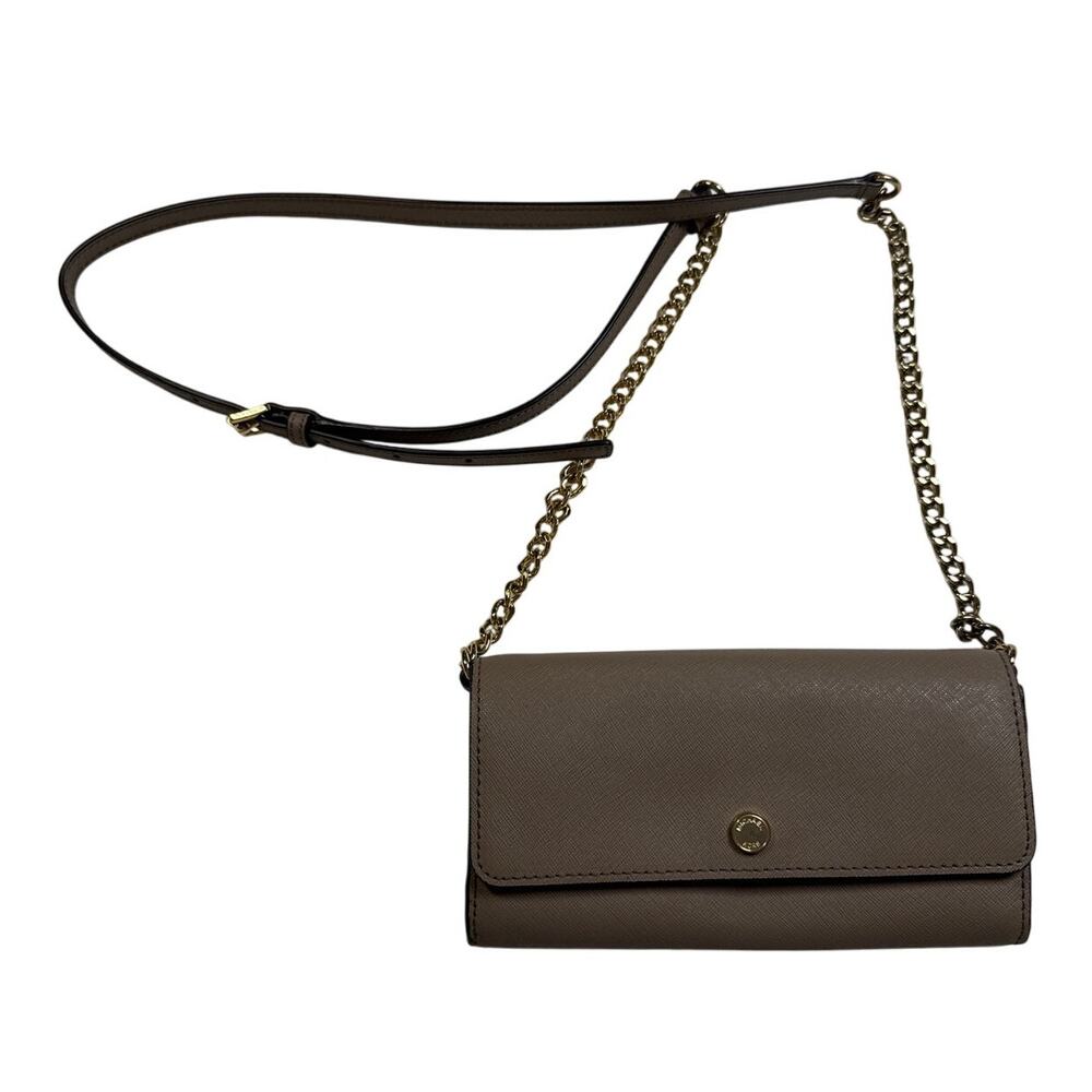 Michael Kors Tan Leather Wallet Crossbody Bag Purse Gold Chain 8" x 4" Neutral